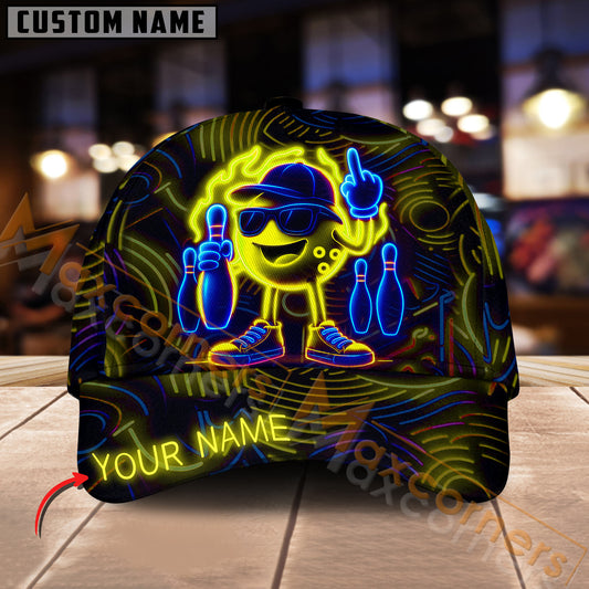 Maxcorners Bowling Neon Ball Champion Multicolor Personalized Name 3D Cap