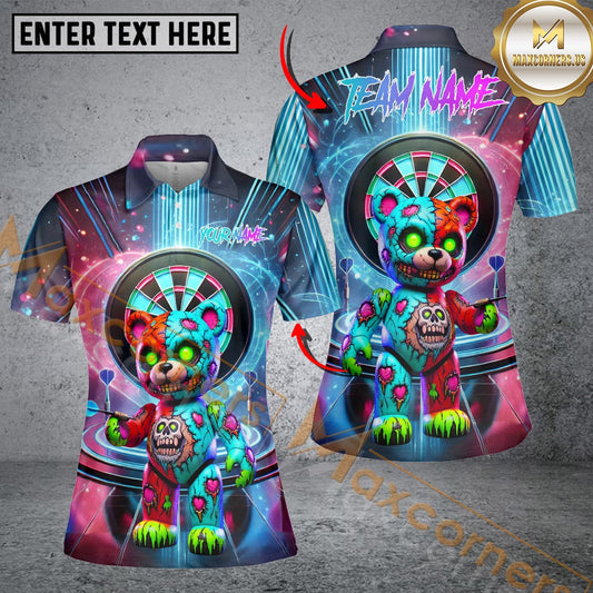 Maxcorners Darts Neon Zombie Bear Customized Name, Team Name 3D Shirt For Women