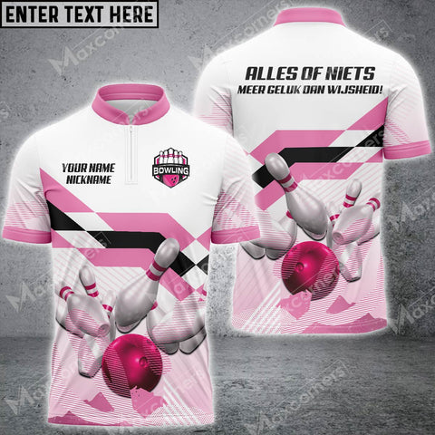 MaxCorners Bowling And Pins Pink Ball Customized Name, Team Name 3D Zipper Polo Shirt For Men For Corné