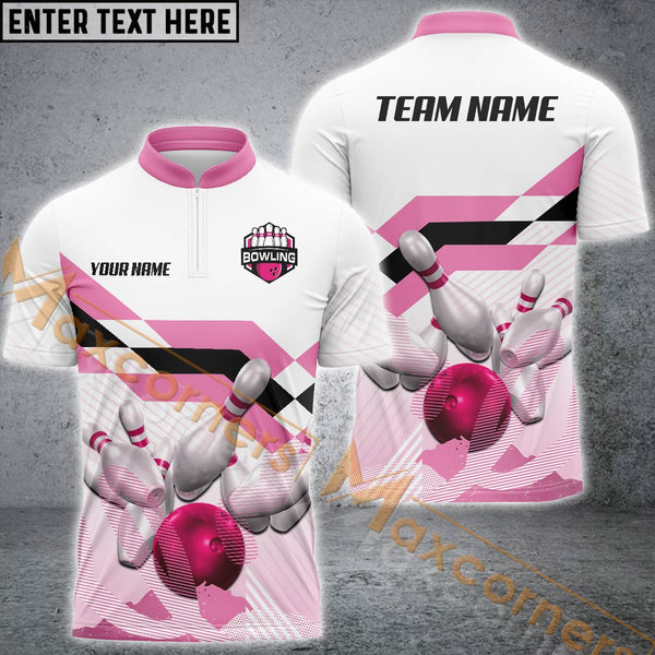 MaxCorners Bowling And Pins Pink Ball  Customized Name, Team Name 3D Zipper Polo Shirt For Men