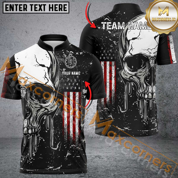 MaxCorners Darts Skull American Flag Customized Name, Team Name 3D Polo Shirt