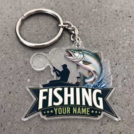 Maxcorners Salmon Fishing Angler Silhouette Personalized Name 3D Keychain And Ornament
