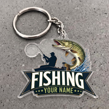 Maxcorners Pike Fishing Angler Silhouette Personalized Name 3D Keychain And Ornament