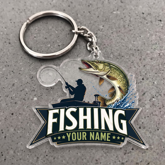 Maxcorners Pike Fishing Angler Silhouette Personalized Name 3D Keychain And Ornament