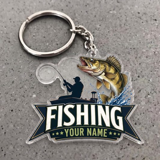 Maxcorners Walleye Fishing Angler Silhouette Personalized Name 3D Keychain And Ornament