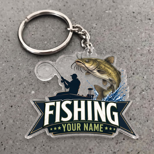 Maxcorners Catfish Fishing Angler Silhouette Personalized Name 3D Keychain And Ornament