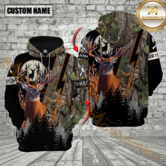 Maxcorners Grass Brown Camo Deer Hunting Custom Name Buck Deer With Forest Background 3D Hoodie All Over Printed Clothes
