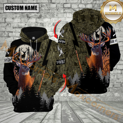 Maxcorners Moss Camo Deer Hunting Custom Name Buck Deer With Forest Background 3D Hoodie All Over Printed Clothes