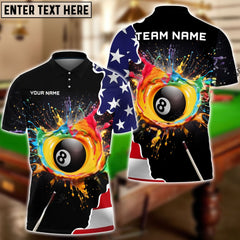 Maxcorners Billiards Colorful Paint USA Flag Personalized Name, Team Name 3D Polo Shirt