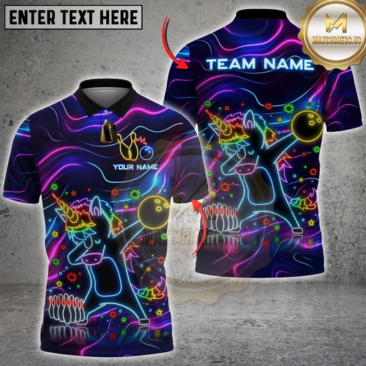 Maxcorners Bowling Neon Unicorn Bowling Cartoon Personalized Name 3D Unisex Shirt