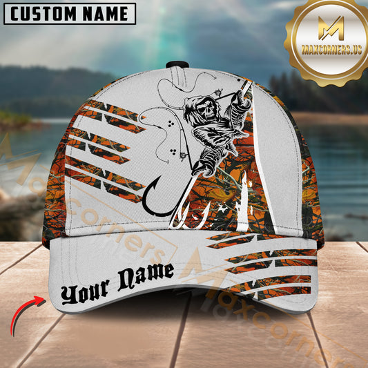 Maxcorners Grim Reaper Bass Fishing Camo Stripe Hook Art Customized Name 3D Cap