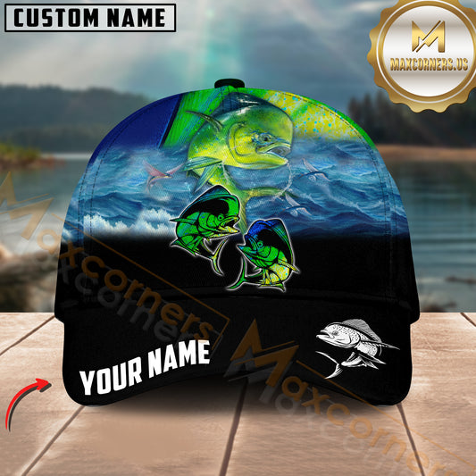 Maxcorners Mahi Mahi Fishing Ocean Wave Dual Fish Design Customized Name 3D Cap