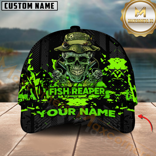 Maxcorners Fish Reaper Fishing Neon Green Skull Design Customized Name 3D Cap