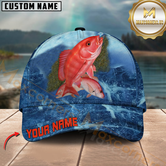 Maxcorners Red Snapper Fishing Deep Sea Wave Art Customized Name 3D Cap