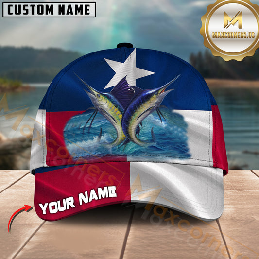 Maxcorners Marlin Fishing Texas Flag Ocean Wave Customized Name 3D Cap