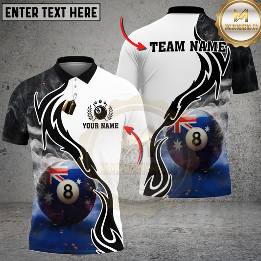 Maxcorners Billiards Australia Flag 8 Ball Smoke Tribal Personalized Name 3D Unisex Shirt