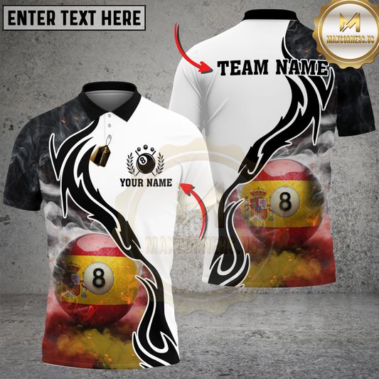 Maxcorners Billiards Spain Flag 8 Ball Smoke Tribal Personalized Name 3D Unisex Shirt