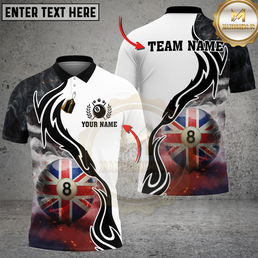 Maxcorners Billiards United Kingdom Flag 8 Ball Smoke Tribal Personalized Name 3D Unisex Shirt
