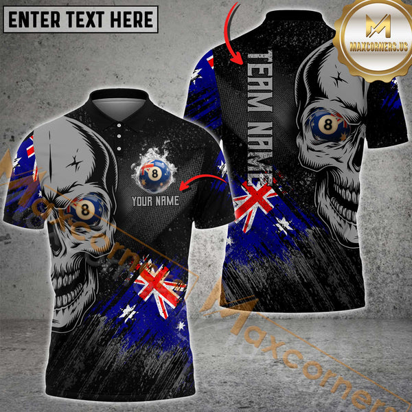 Maxcorners Skull Australian Flag 8-Ball Billiard Jersey Customized Name, Team Name 3D Polo Shirt