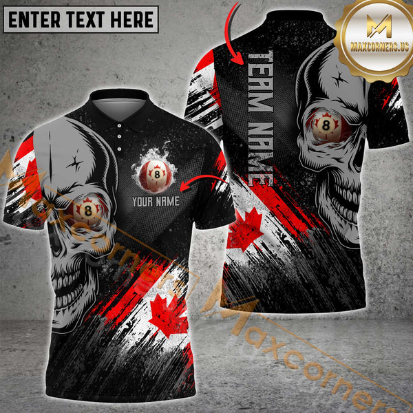 Maxcorners Skull Canadian Flag 8-Ball Billiard Jersey Customized Name, Team Name 3D Polo Shirt