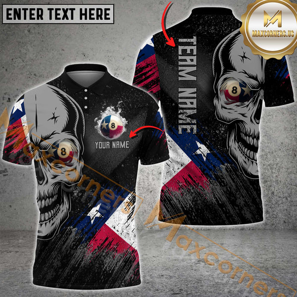 Maxcorners Skull Texas Flag 8-Ball Billiard Jersey Customized Name, Team Name 3D Polo Shirt