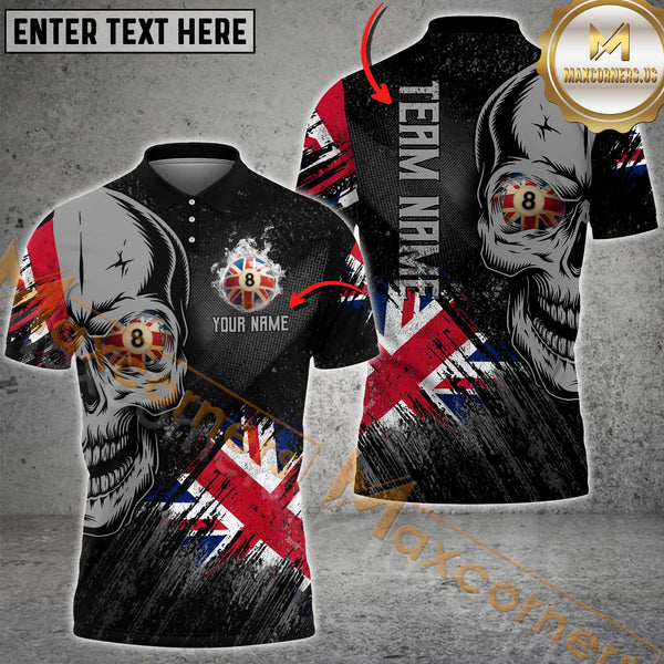 Maxcorners Skull UK Flag 8-Ball Billiard Jersey Customized Name, Team Name 3D Polo Shirt