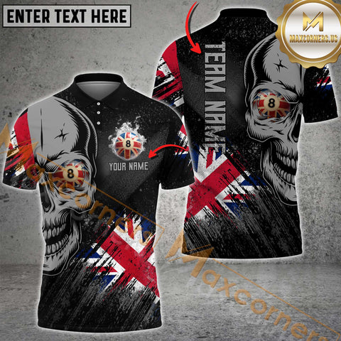 Maxcorners Skull UK Flag 8-Ball Billiard Jersey Customized Name, Team Name 3D Polo Shirt