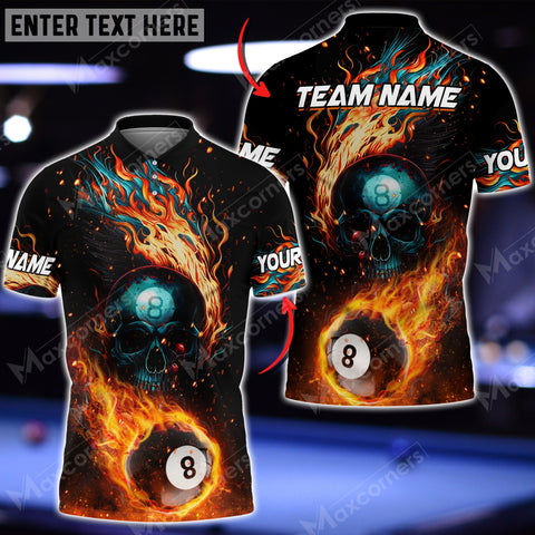 Maxcorners Skull Billiards Fire Pattern All Over Print Personalized Name And Team Name 3D Polo