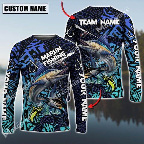 Maxcorners Marlin Fishing Sun Protection Blue Water Sport Jersey Personalized Name, Team Name Long Sleeve Shirt