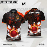 Maxcorners Bowling Ball And Pins Wolf Fire Flame Magma Pattern Multicolor Option Customized Name, Team Name 3D Polo Shirt (4 Colors)