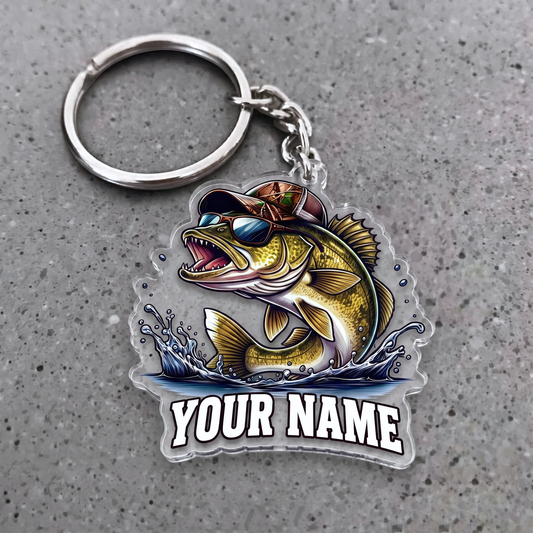 Maxcorners Walleye Fishing Sunglasses And Camo Hat Personalized Name 3D Keychain And Ornament