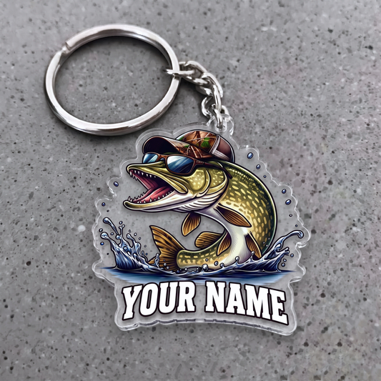 Maxcorners Pike Fishing Sunglasses And Camo Hat Personalized Name 3D Keychain And Ornament