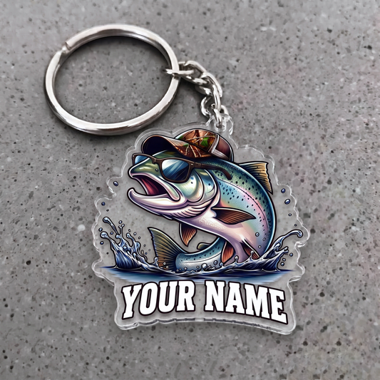 Maxcorners Salmon Fishing Sunglasses And Camo Hat Personalized Name 3D Keychain And Ornament