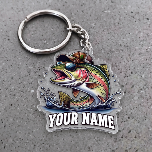 Maxcorners Trout Fishing Sunglasses And Camo Hat Personalized Name 3D Keychain And Ornament