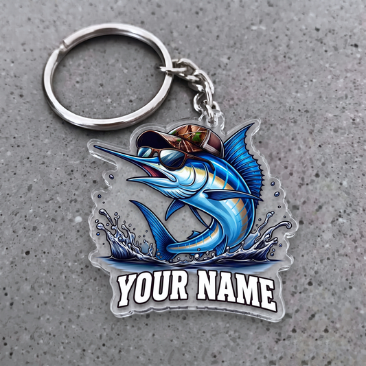 Maxcorners Marlin Fishing Sunglasses And Camo Hat Personalized Name 3D Keychain And Ornament