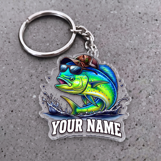 Maxcorners Mahi Mahi Fishing Sunglasses And Camo Hat Personalized Name 3D Keychain And Ornament