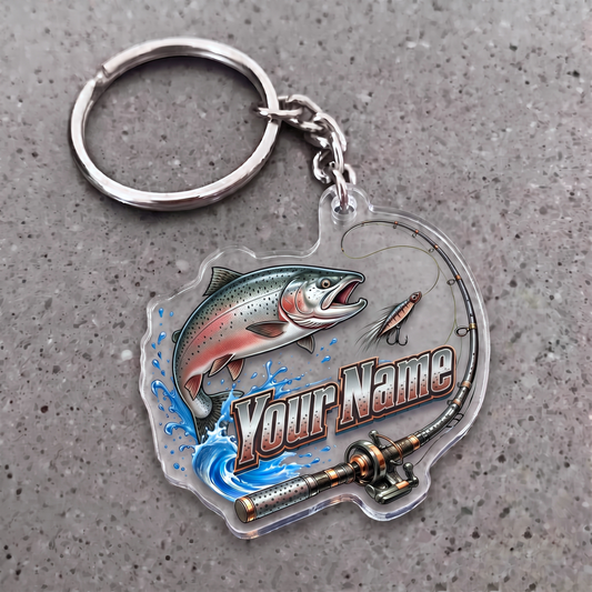 Maxcorners Salmon Fishing Rod And Lure Personalized Name 3D Keychain And Ornament