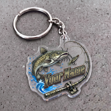 Maxcorners Catfish Fishing Rod And Lure Personalized Name 3D Keychain And Ornament