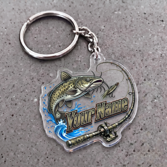 Maxcorners Catfish Fishing Rod And Lure Personalized Name 3D Keychain And Ornament