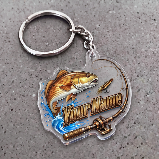 Maxcorners Redfish Fishing Rod And Lure Personalized Name 3D Keychain And Ornament