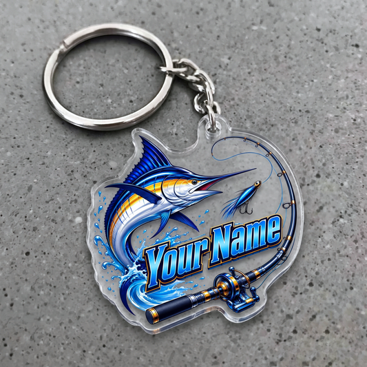 Maxcorners Marlin Fishing Rod And Lure Personalized Name 3D Keychain And Ornament