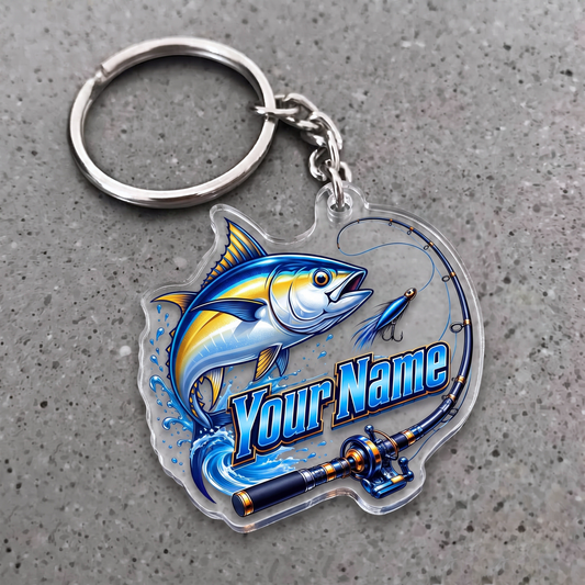 Maxcorners Tuna Fishing Rod And Lure Personalized Name 3D Keychain And Ornament
