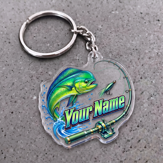 Maxcorners Mahi Mahi Fishing Rod And Lure Personalized Name 3D Keychain And Ornament