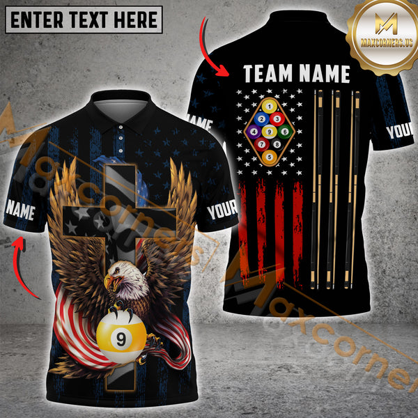 Maxcorners Eagle USA Flag Pattern Billiard Jersey Customized Name, Team Name 3D Polo Shirt