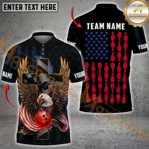 Maxcorners Eagle American Flag Pattern Bowling Jersey Customized Name, Team Name 3D Polo Shirt