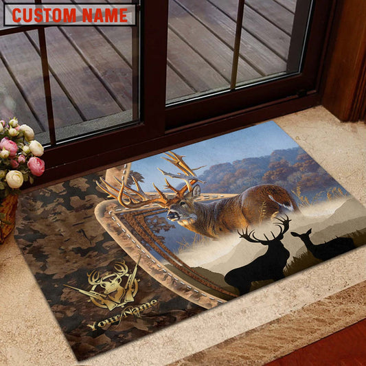 Maxcorners Deer Hunting Forest Camo Sunset Scene Personalized Name 3D Doormat