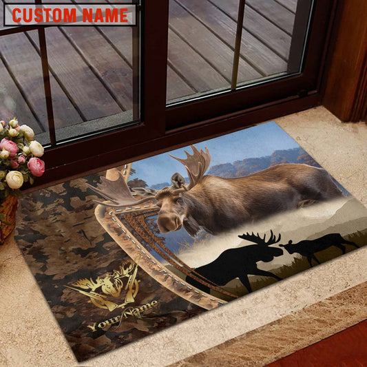Maxcorners Moose Hunting Forest Camo Sunset Scene Personalized Name 3D Doormat