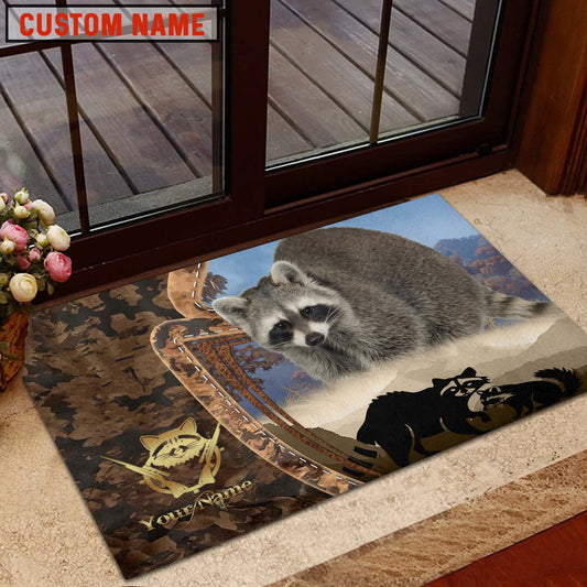 Maxcorners Racoon Hunting Forest Camo Sunset Scene Personalized Name 3D Doormat