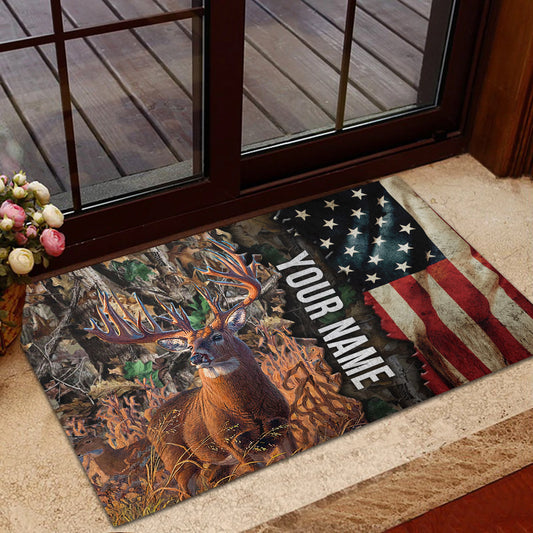 Maxcorners Premium Unique Gash Deer Hunting USA Flag Personalized Name 3D Doormat
