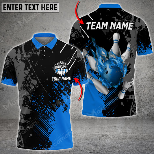 Maxcorners Bowling & Pins Paint Fire Multicolor Option Customized Name, Team Name 3D Polo Shirt (4 Colors)